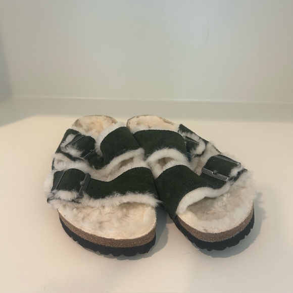 Birkenstock Fuzzy Green and White Sandals